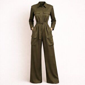 Scoop Olive Green Utility Jumpsuit M Belted Cargo Flight Suit Long Sleeve Spring